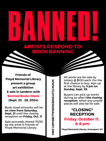 Flyer for art exhibit, "Banned! Artists Respond to Book Banning."