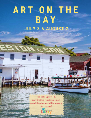 image of a boat tied to a dock, text stating "ART ON THE BAY" and program dates of 7/3/2025 and 8/2/2025