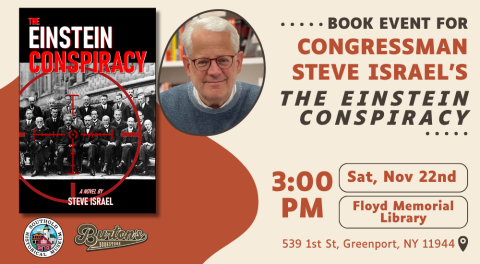 Invitation to an author talk by Congressman Steve Israel at the Floyd Memorial Library.