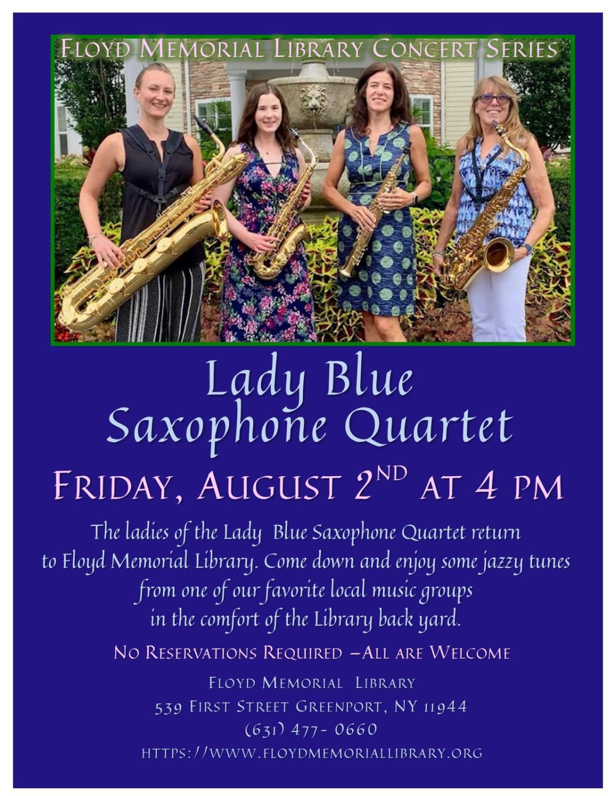 Picture of the Lady Blue Saxophone Quartet, four female musicians holding saxophones.