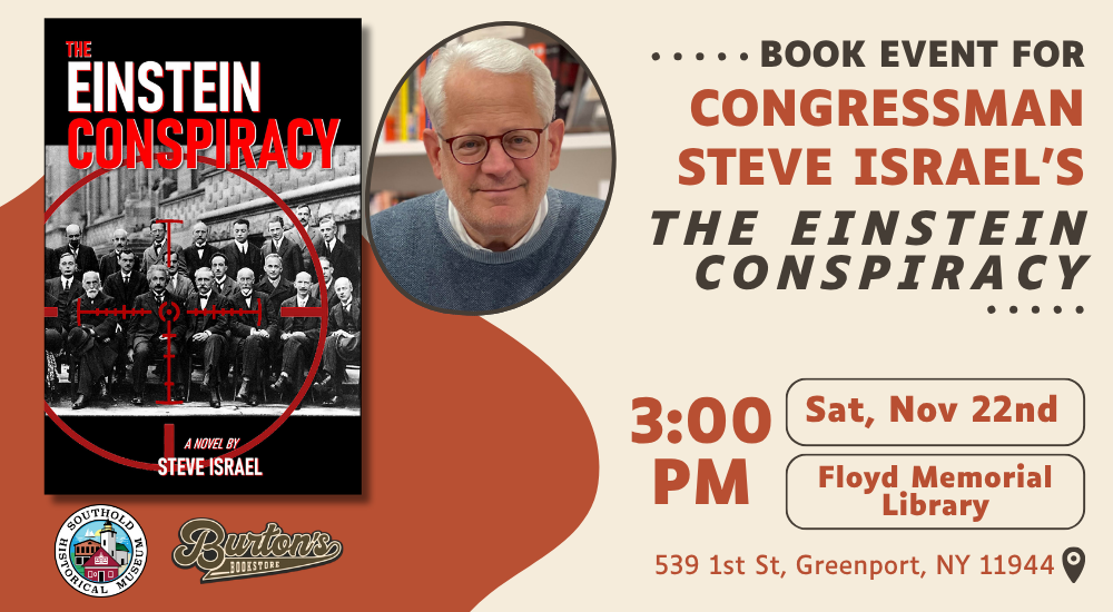Invitation to an author talk by Congressman Steve Israel at the Floyd Memorial Library.